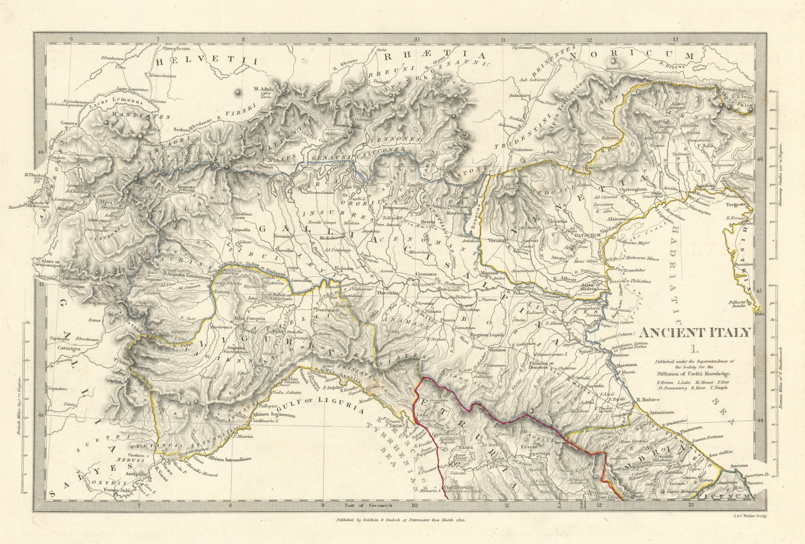 ANCIENT ROMAN ITALY NORTH.Liguria Venetia Gallia Cisalpina.Roads.SDUK 1844 map